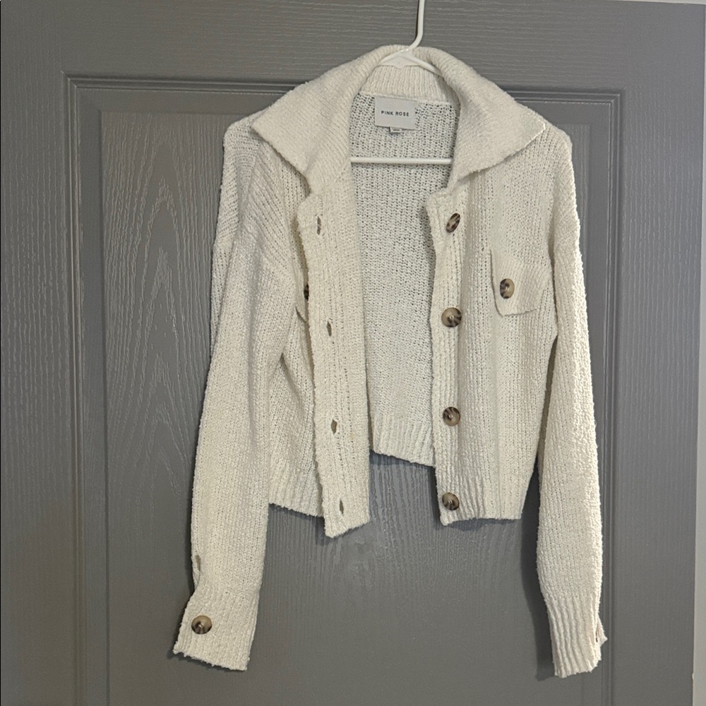 Pink Rose Cream Button-Up Cardigan